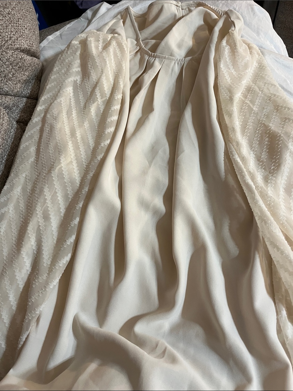 SHEIN Cream Long Sleeve Blouse with Textured Sheer Sleeves
